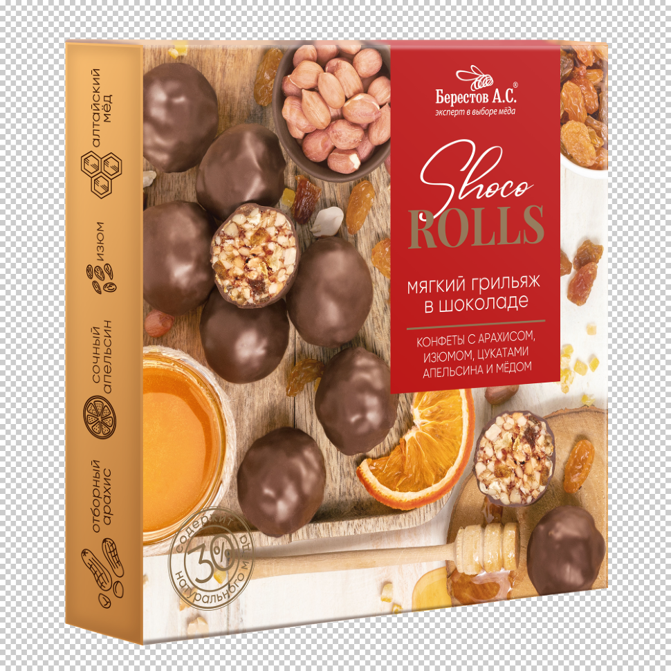  Берестов Shoco Rolls конфеты с арахисом, изюмом, цукатами апельсина и медом,  135г в Боре
