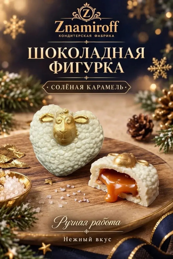 №1 Шоколад фигурный "Овечка-сердечко" белый шоколад с начинкой солёная карамель(блок 5шт по 70г) в Боре